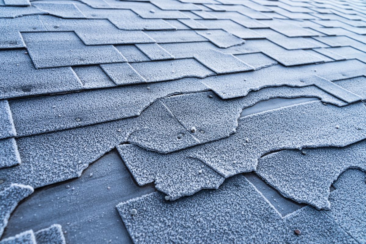 Broken shingles on icy roof, showing Katy roof repairs are needed this winter