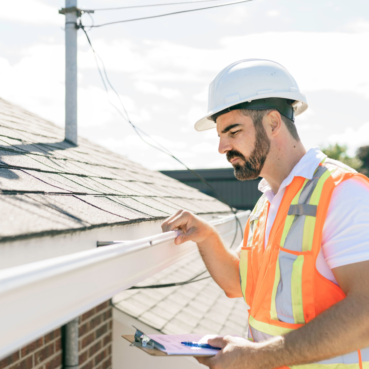 An insurance adjustor inspecting a roof