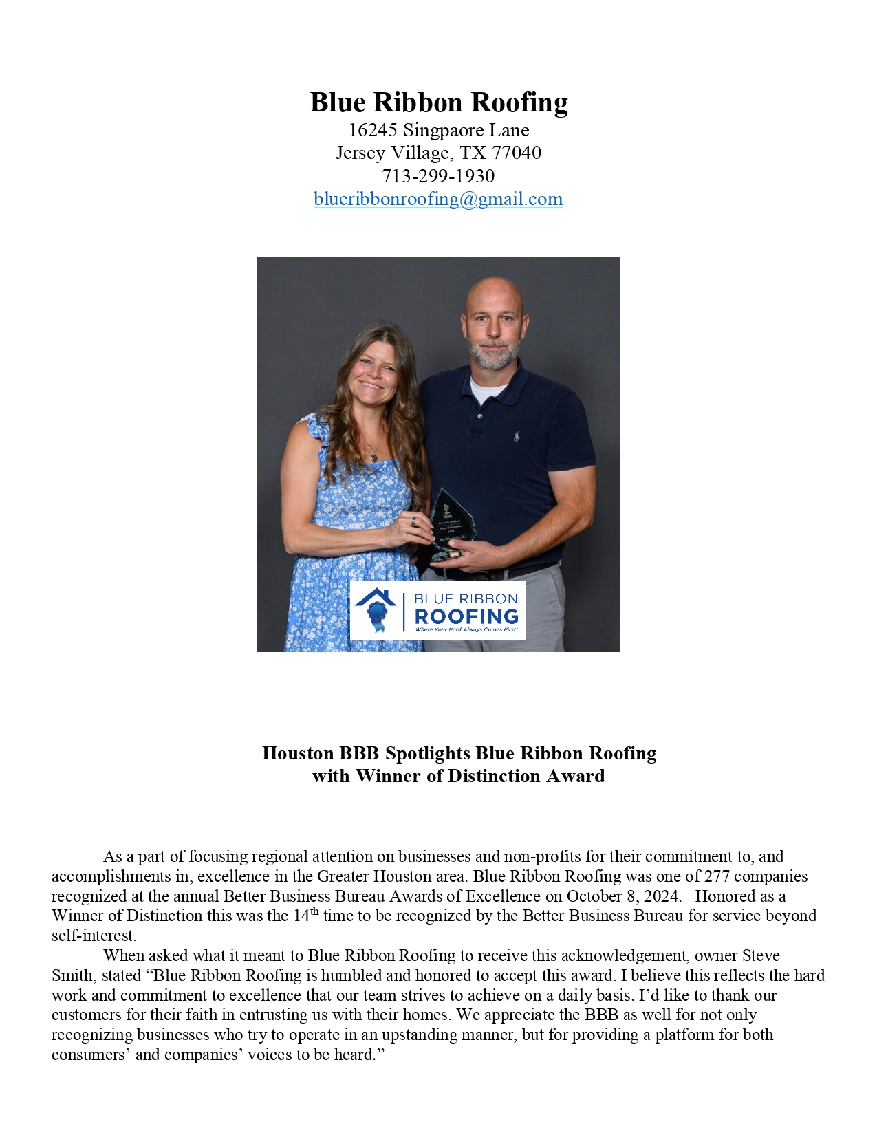 2024 Houston BBB Spotlights Blue Ribbon Roofing with Winner of Distinction Award